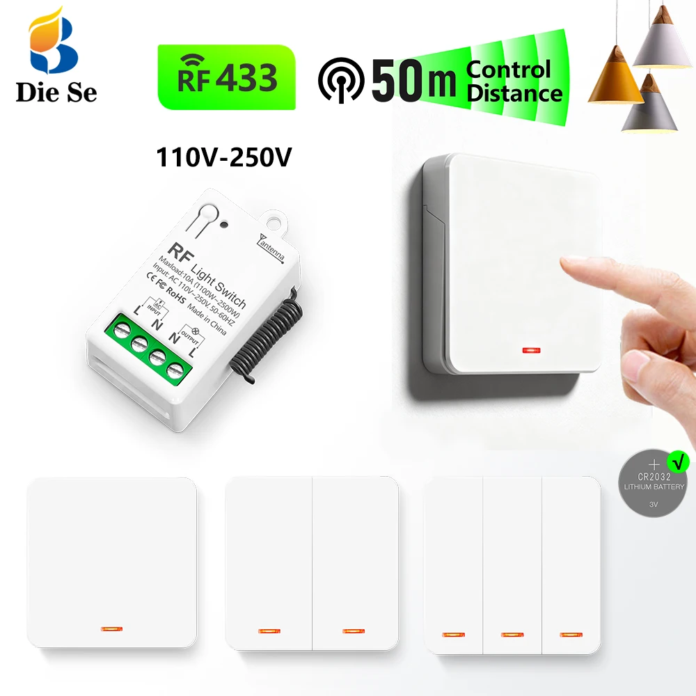 

433MHz Wireless AC Light Switch 220V Receiver and 1/2/3Key 86 Wireless Push Button Switch Transmit 50m for LED/Home Improvement