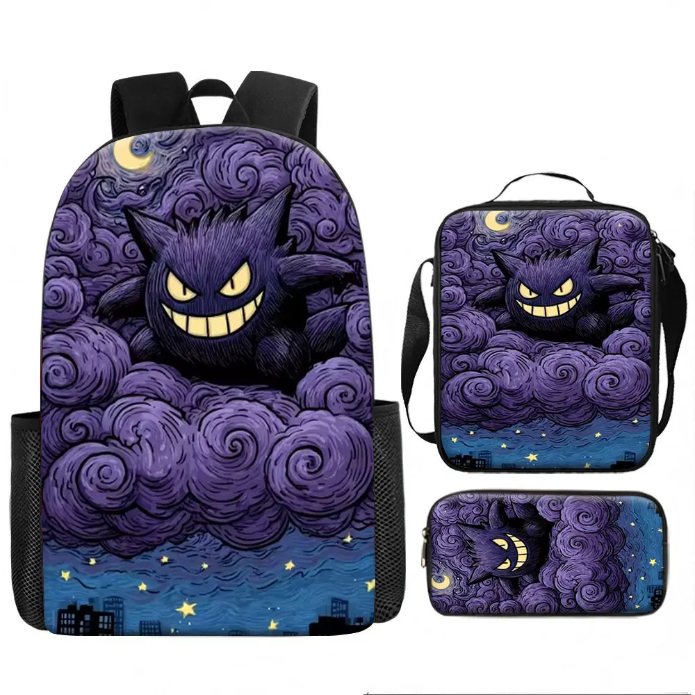 Sac pour enfants, Pokémon, Gengar, ensemble de 3 sacs à dos Van Gogh Starry Sky, imprimé nuage violet, cartable imperméable avec boîte à lunch, crayon C