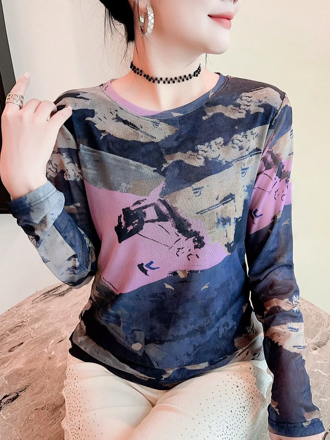 Fashionable Printed Long Sleeve Mesh T-Shirt Women's Autumn New Style Ageless Top Slim Fit Base Shirt Casual Style 3D Print