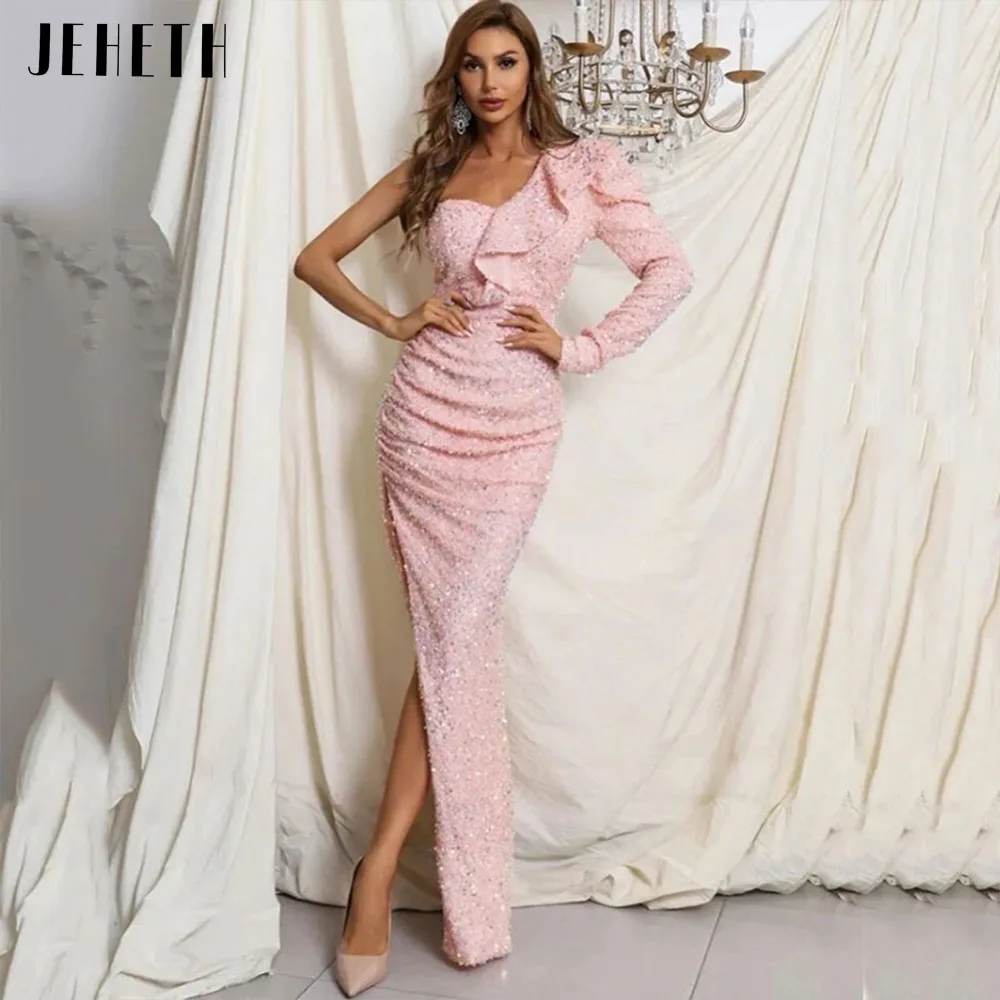 

JEHETH Pink Sequin One Shoulder Shiny Mermaid Evening Dress Ruffles Side Split Pleats Prom Party Gown Floor Length فستان سهرة