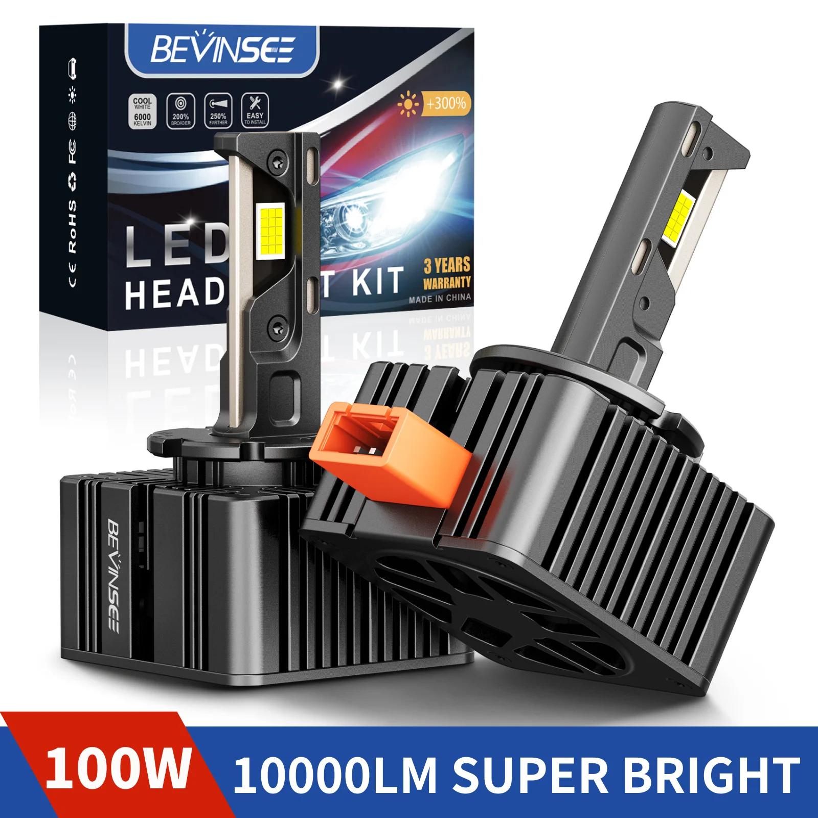 BEVINSEE D3S D1S LED Lights CANBUS D1R D2S D2R D5S LED Headlight Auto Bulb 100W 10000LM Two-sided Chip HID Xenon Replacement 12V 