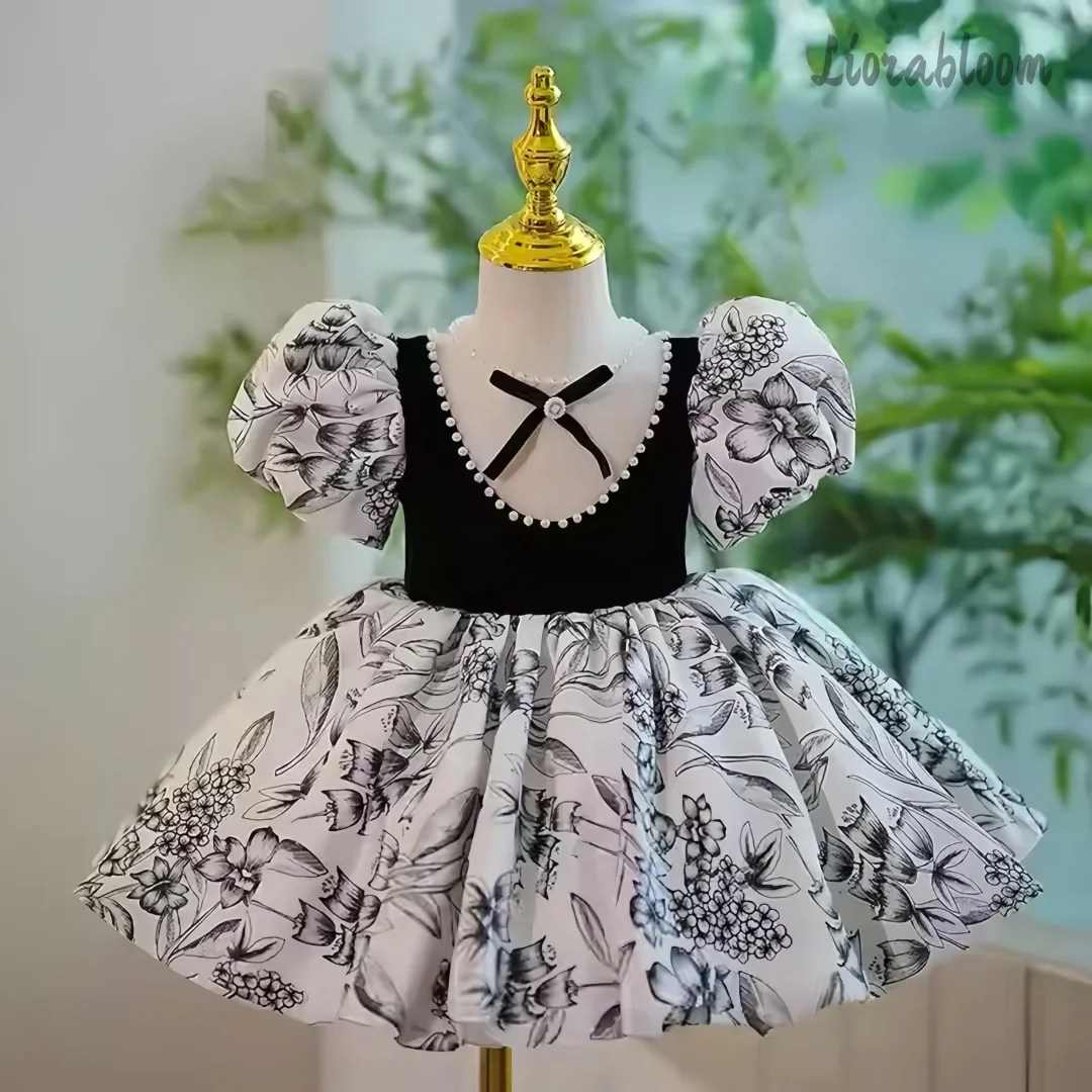 Girls' Blue Floral Flower Girl Dress Pastoral-Style Long Flower Girl Gown Fluffy Party Dress Wedding Attire Formal Wear