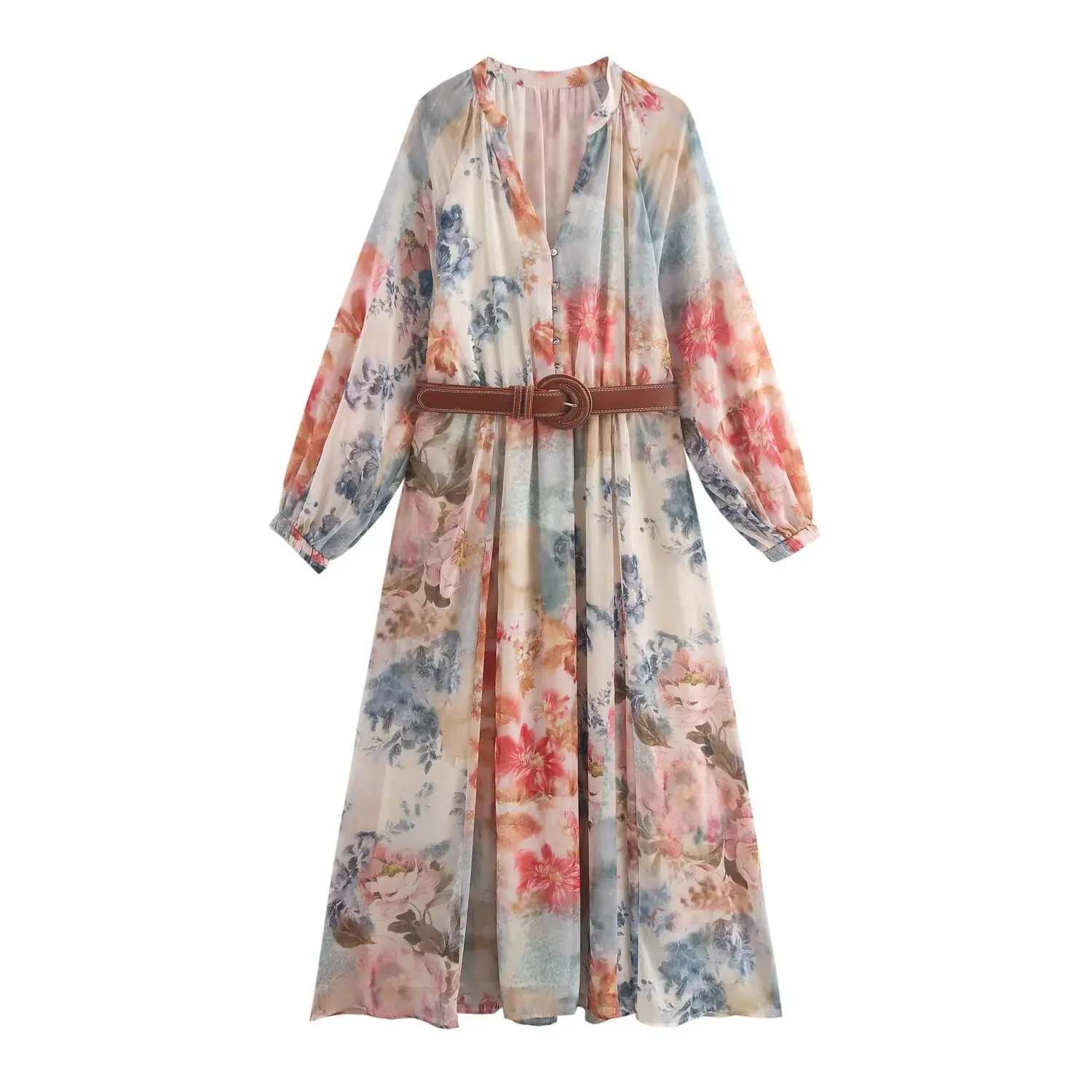 TRAFZA-Women Fashion Tie-dye Long Dress With Belt New 2024 Spring Autumn Fall Elegant Print Dress Long Sleeve Belted Dress