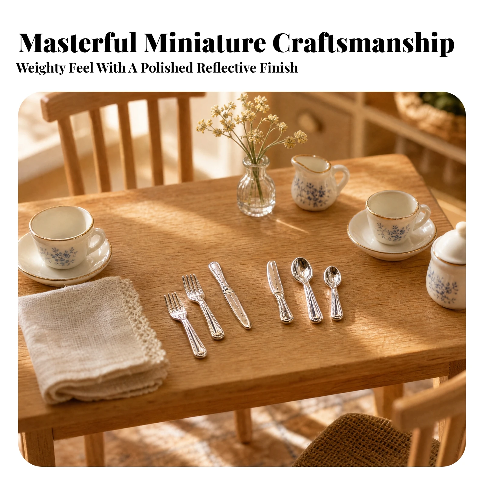 12 Pieces Miniature Dining Utensils with Textured Handles Metal 1:12 Scale Dollhouse Cutlery Miniature Silverware Set