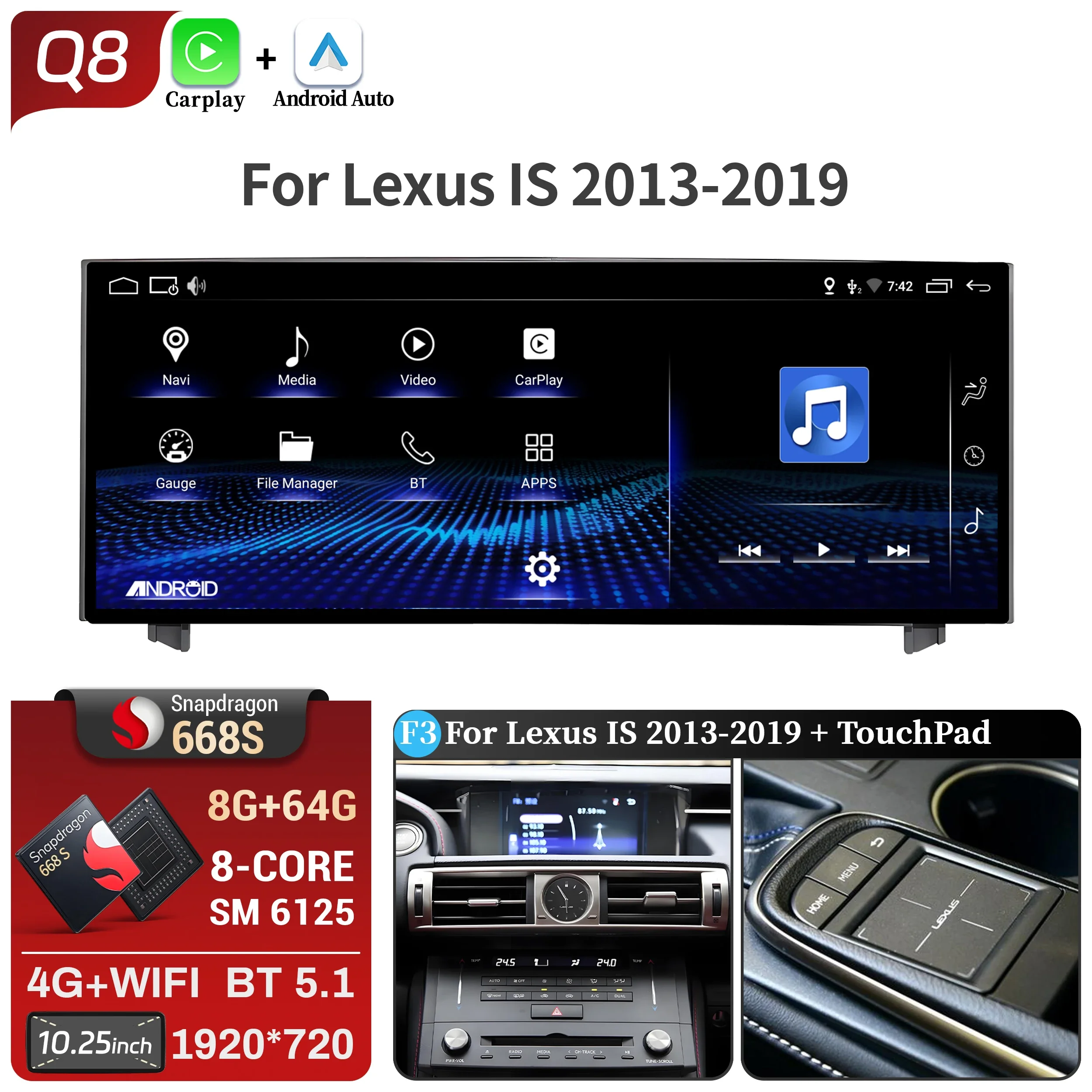 10.25"Android 14 For Lexus IS RC 200 250 300 350 200t 300h 2013-2019 Car Radio Multimedia CarPlay Snapdragon 668S Touch Screen image 3