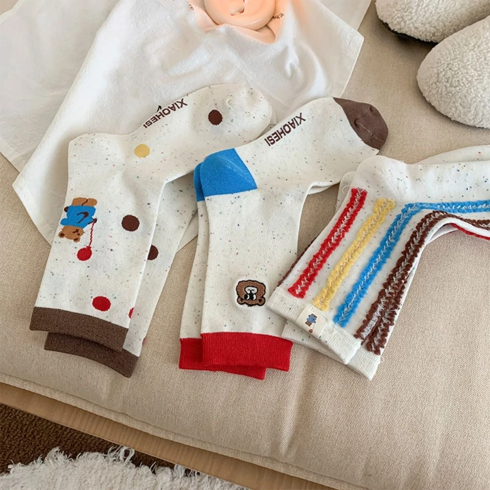 

3 пары милых милых носков до середины икры, лоскутные женские чулки с медведем, полосатые носки средней длины с героями мультфильмов, весенние