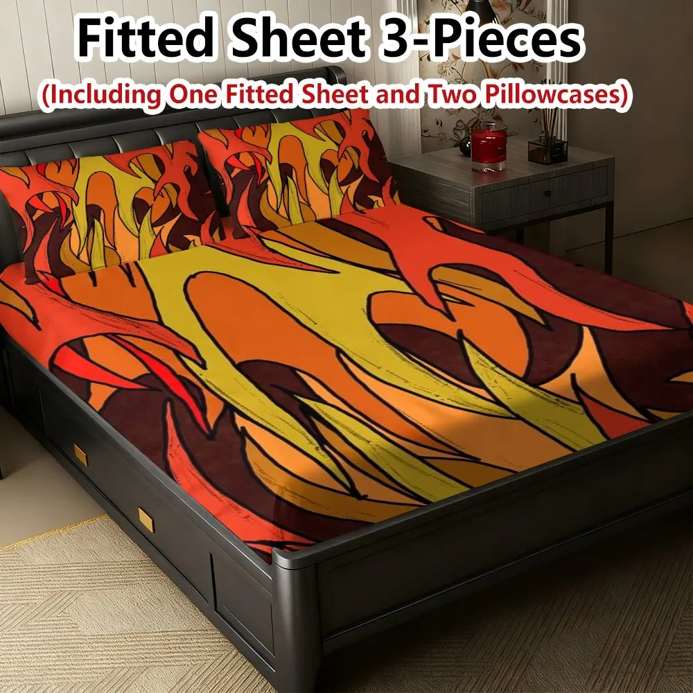 Flame-Themed Bed Sheets Full Set Printed Fitted Sheet Mattress Protector Breathable Polyester Material (Includes 1 Fitted Sheet + 2 Pillowcases) Mattress Protector Fitted Elastic Style Protective Cover Mattress Protector, Fitted Bedding Set Christmas-Themed Bedding Baby Bedding Suitable for Nursery Room