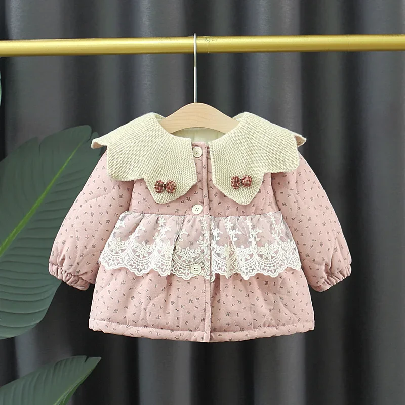 

Winter New Children Clothes Girls Doll Collar Lace Splicing Down Cotton Padded Coat Warm Fleece Lined Outerwear
