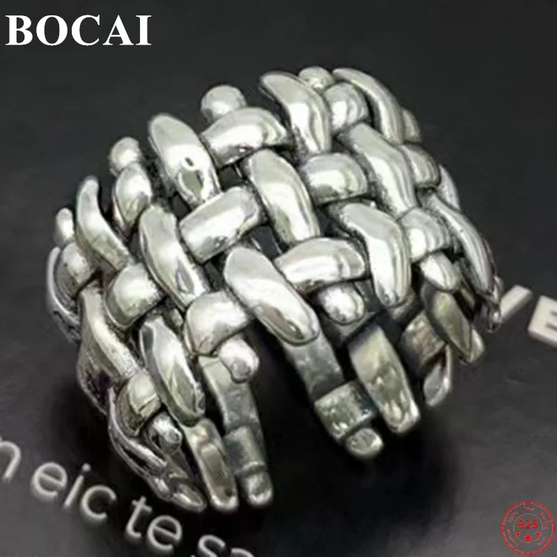 

BOCAI S925 Sterling Silver Rings for Men Women New Fashion Weaven Pattern Simple Opening Argentum Hand Jewelry Free Shipping