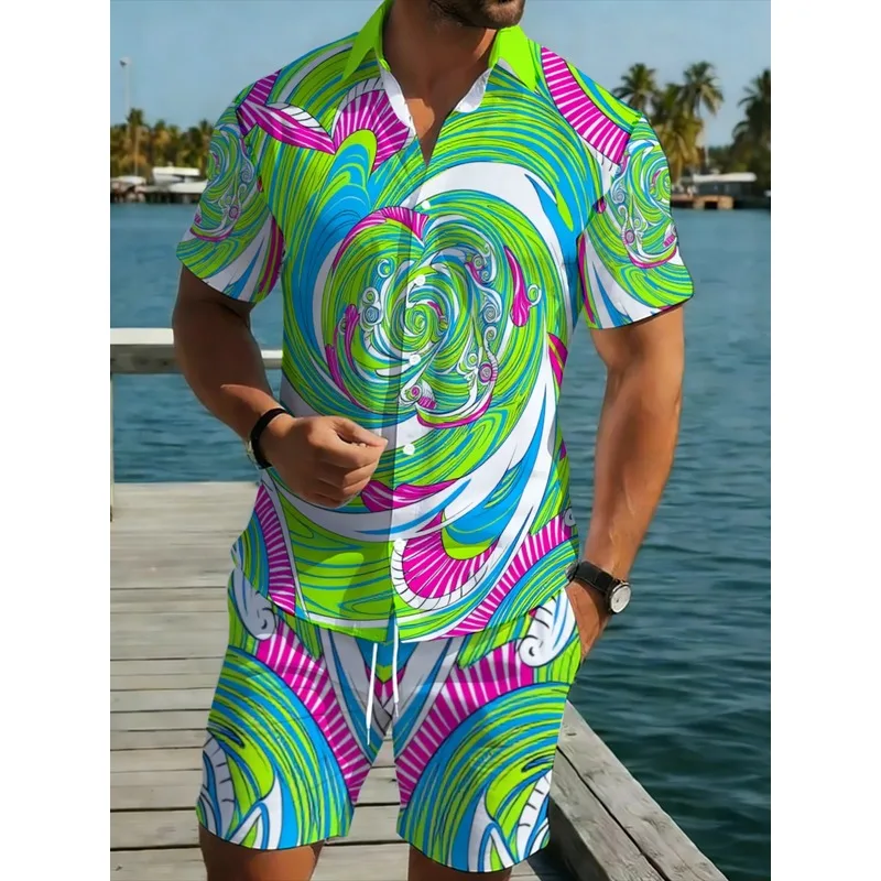 No Texture Swirl Print Men's Summer Shirt Set Colorful Floral Pattern Lightweight Breathable Casual Outfit for Outdoor Vacation