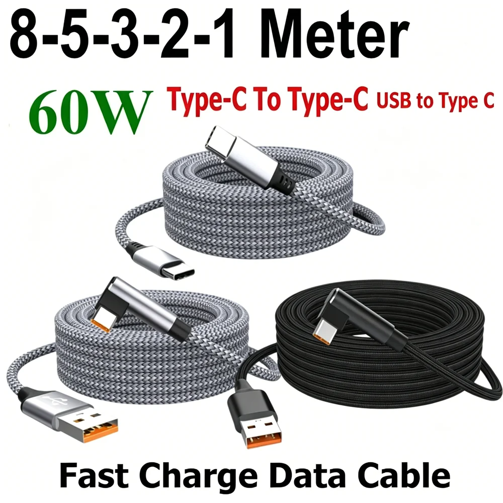 8/5/3/2/1m 60W 6A USB-A To TYPE-C Elbow Cord Fast Charging Cable USB PD Universal Extended Data Line For Samsung Huawei Xiaomi