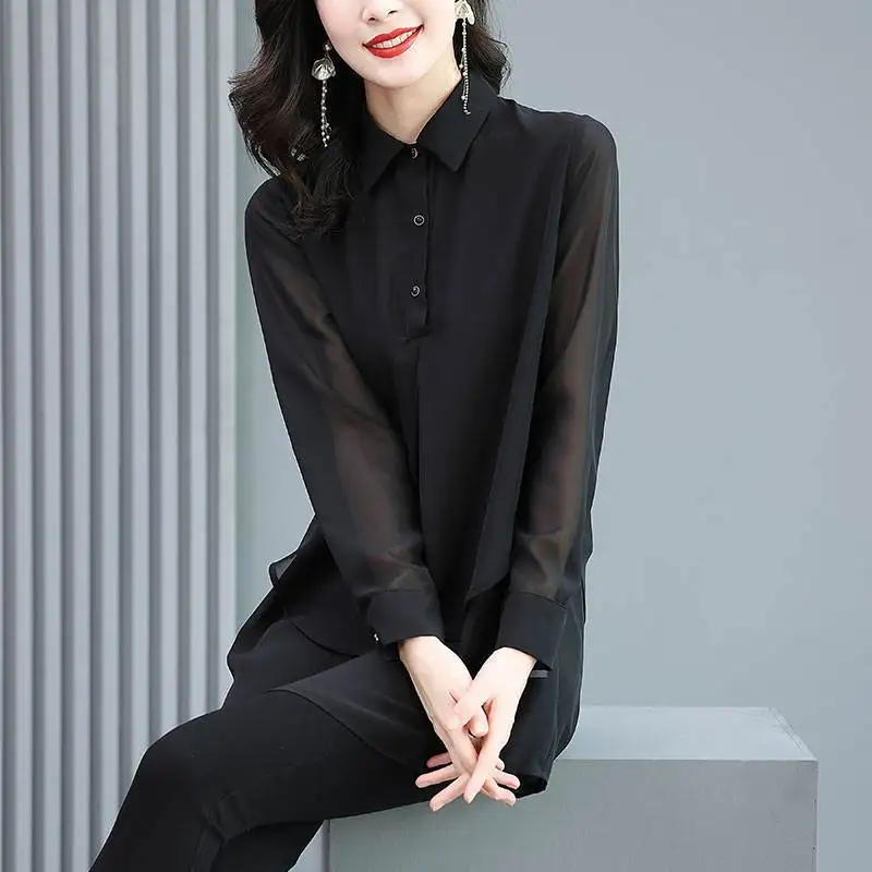 Simplicidade-Camisa polo feminina solta de comprimento médio, tops casuais de manga comprida, cor sólida, gola única com brochuras, versão coreana, verão