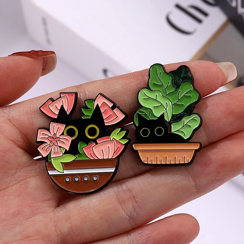 Cats in Plants Enamel Pins Custom Black Cat Potted Plant Brooches Lapel Badges Fun Animal Plant Jewelry Gift for Kids Friends