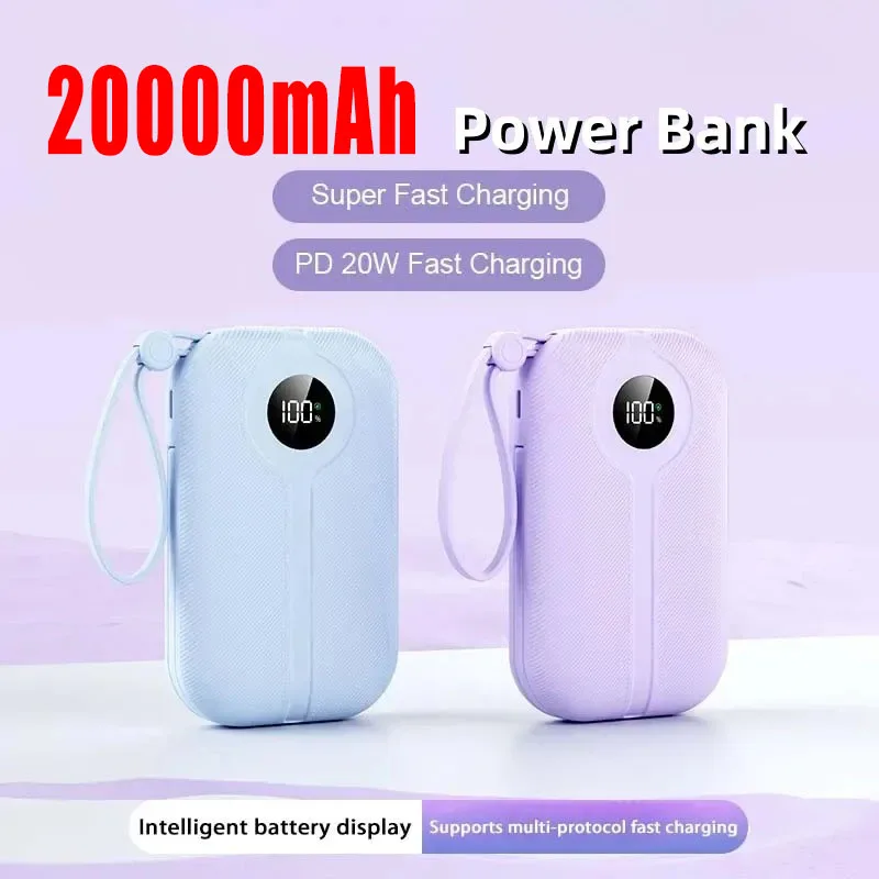 20000mAh Fast Charge Power Bank Lightweight  LED Digital Display Tow Way With Cable Multi Interface For iPhone Xiaomi Samsung