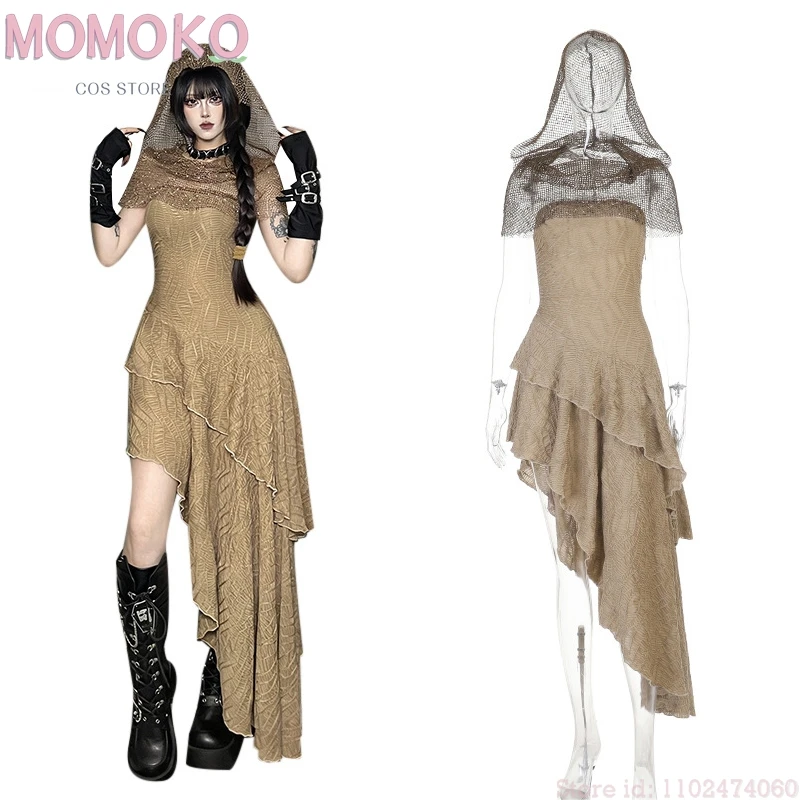 Tenue sexy pour femme inspirée des dunes du désert post-apocalyptique – Robe d'été sombre irrégulière + ensemble cape, costume polyvalent pour femme