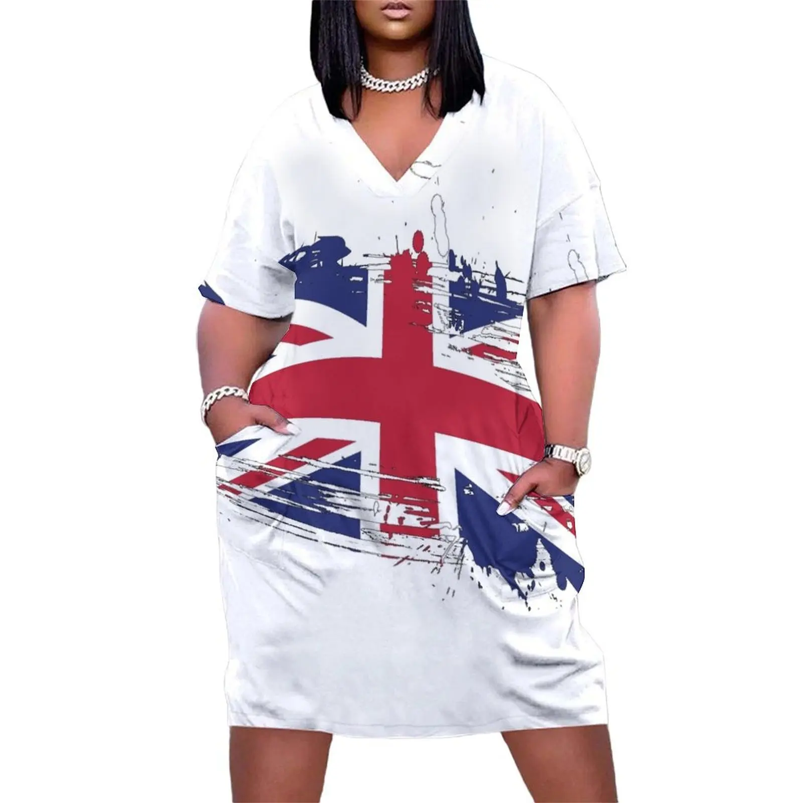 

United Kingdom Flag Brush Splatter Loose Pocket Dress women's clothing trend 2025 women dresses