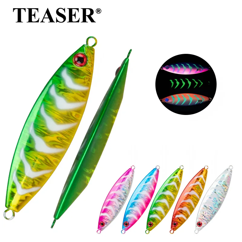 

TEASER J123 80g 100g 120g Micro Slow Sink Metal Jigging Fishing Lure Tuna Bass Spoon Jig Sea Boat Lure UV Luminous Fishing Lures