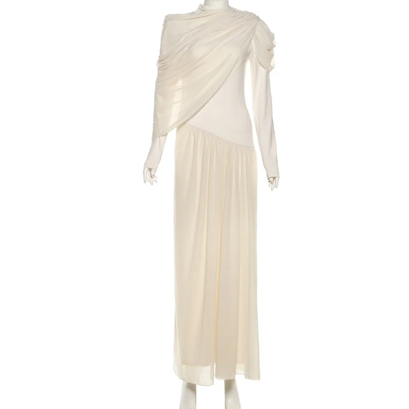 المرأة أزياء شبكة المرقعة أنيقة ماكسي حزب اللباس Ruched كيب كم كامل مطوي Bodycon مأدبة رداء طويل ثوب مسائي