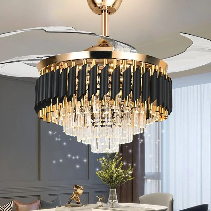 Light Luxury Crystal Ceiling Light American Foyer Restaurant Invisible LED Ceiling Fan Lamps Electric Fan Silent Bedroom Kitchen