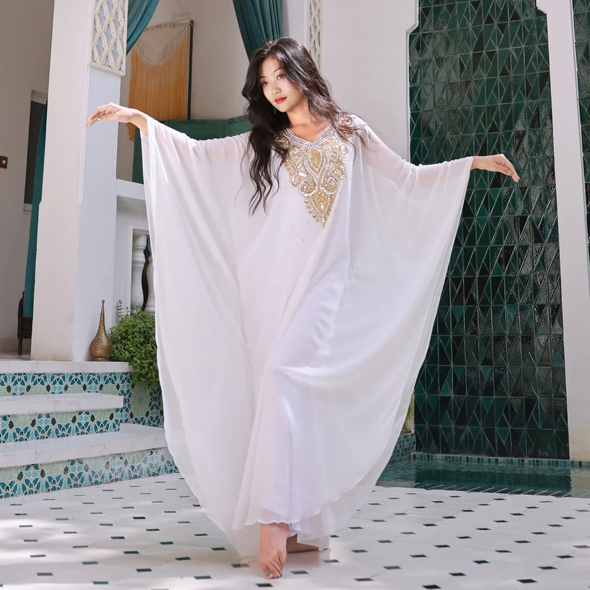 SHE DANCES Belly Dance Costume Khaleegy Dance White Dress and Gown Khaliji Thobe with Inner Dress for Women