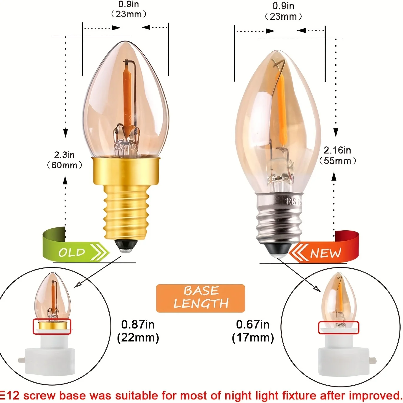 Ampoule LED C7, bougie de veilleuse 0.5W, lueur ambre 5W, remplacement in347 E12 ci-après, veilleuse à filament LED