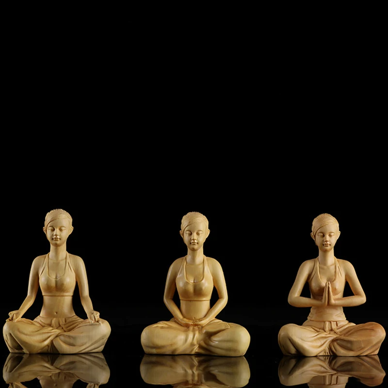 Wooden Yoga Beauty Character Decoration Statue Solid wood hand carving Home Room, yoga studio decoration crafts 10.5cm