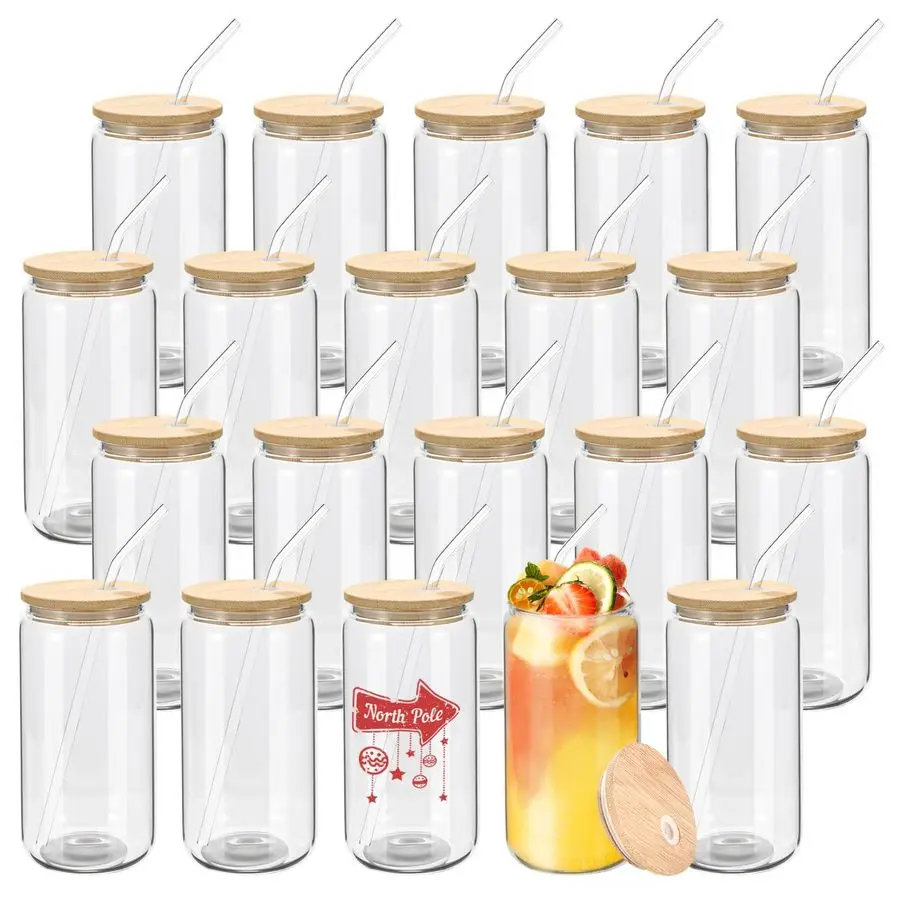 

20 Pack Glass Cups with Bamboo Lids and Glass Straws 16oz Clear Glass Tumblers Beer Can Shaped Drinking Glasses Iced Coffee Cups