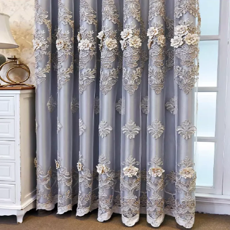 European Luxury Embroidered Double-Layer Semi-Blackout Curtains Custom for Living Room and Bedroom High Shading Rate Curtains