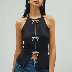 Sexy Cut Out Lace Up Jewelry Bow Crop Top Slim Solid Halter Navel Short Top Womens Sleeveless Tank Hot Girl Club Party Outfits