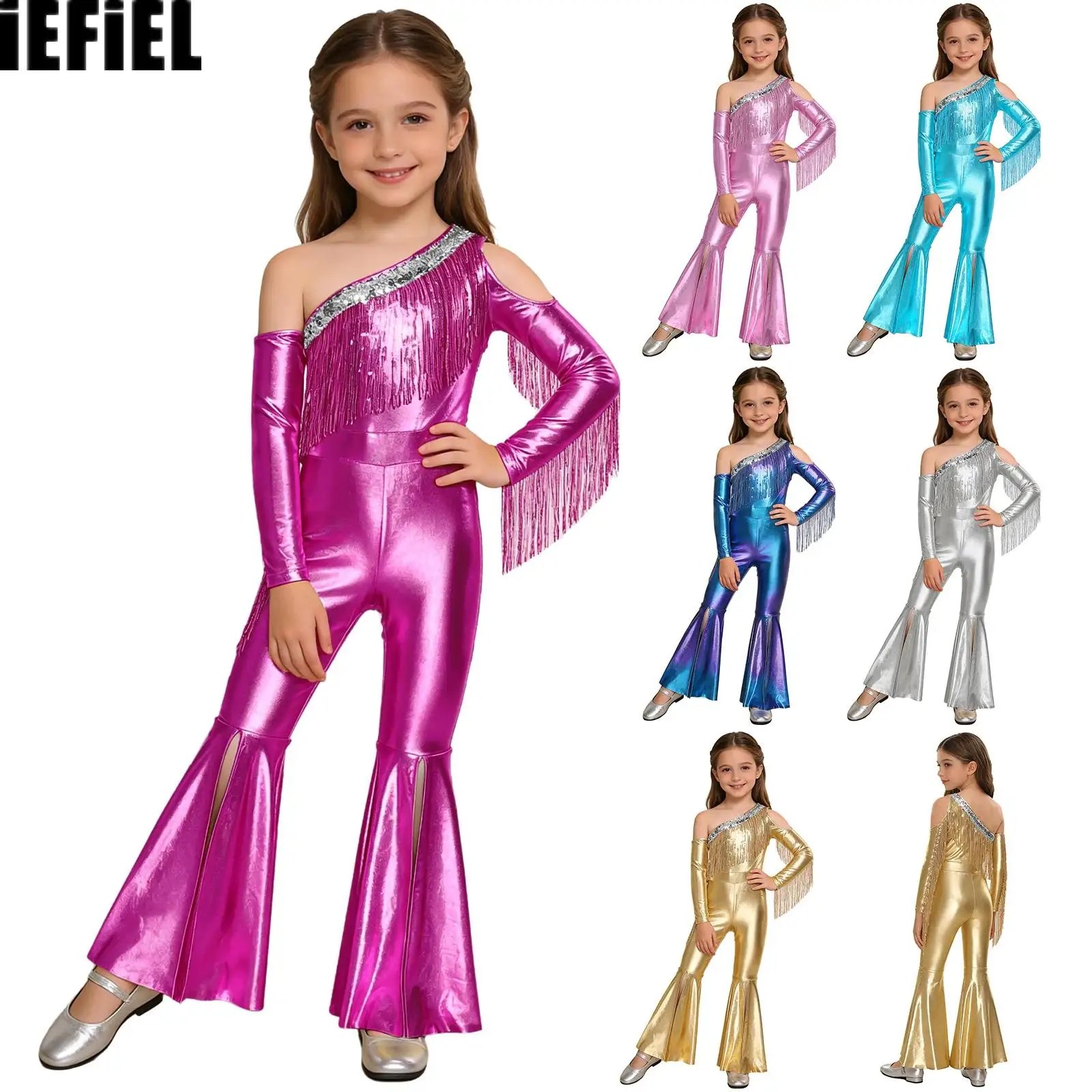 

Детские танцевальные комбинезоны с блестками и кисточками для девочек, с открытыми плечами, с длинными рукавами и разрезом на расклешенных ногах, блестящий металлический комбинезон для дискотек