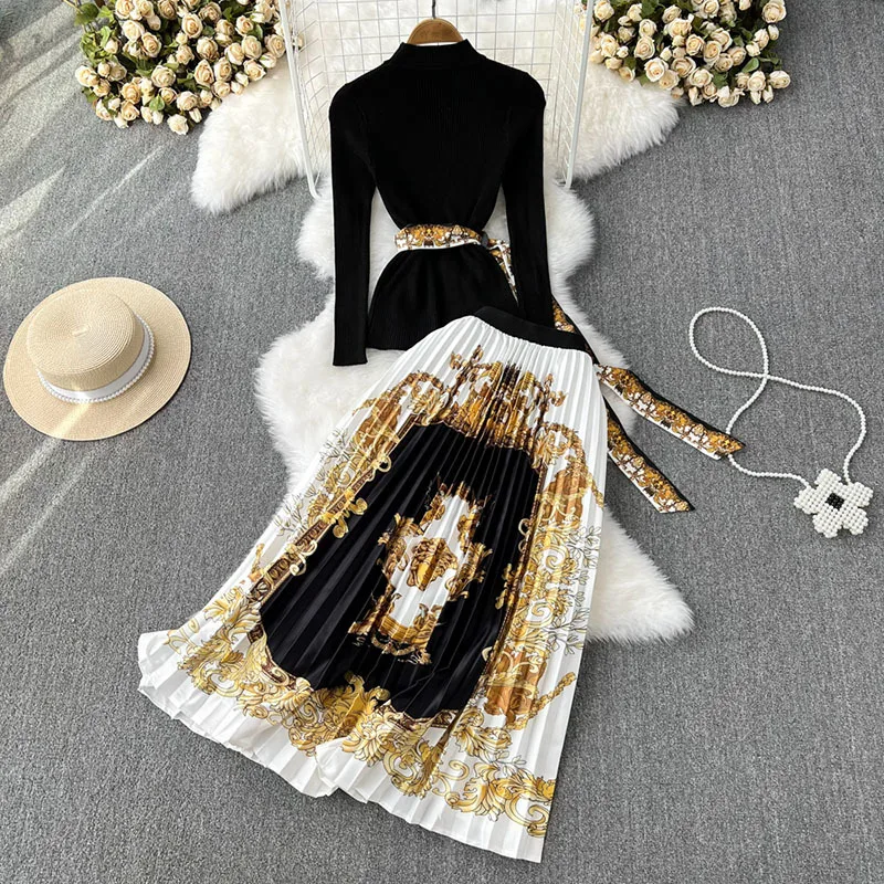 Women Casual Elegant Street Party Two-piece Set Autumn Slim Knit Top High Waist Printed Pleated Skirt Two-piece Set for Women
