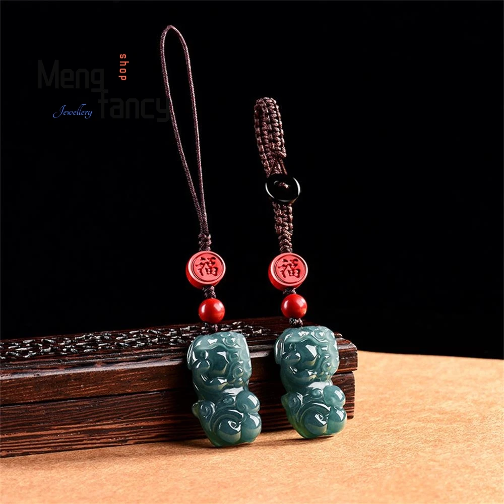 

Original Natural A-grade Jadeite Blue Water PI Xiu Peace Mobile Phone Pendant Chinese-style Jade Keychain Accessory Fine Jewelry