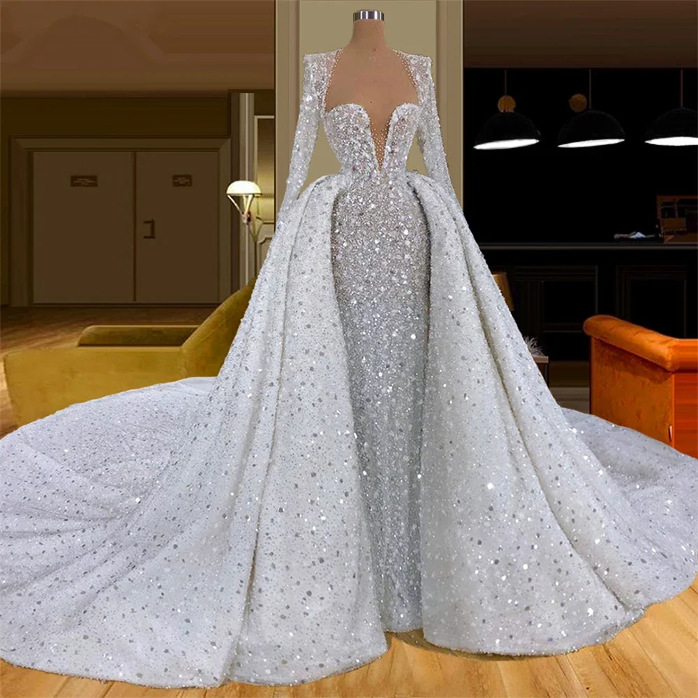 

Exquisite V-Neck Sequined Evening Dresses with Detachable Train Chic Long Sleeves Beads Mermaid Gowns Luxury Party Prom Dresses