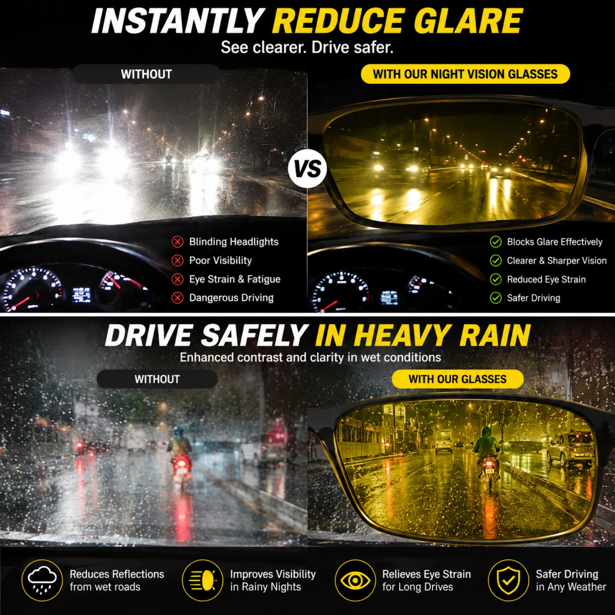 Polarisierte Nachtfahrbrille mit quadratischem Rahmen, rutschfeste Silikonbügel, Anti-High-Beam-Blendschutz, für Nacht, Regen, Nebel, UV400, zum Fahren und Radfahren – Detail 7