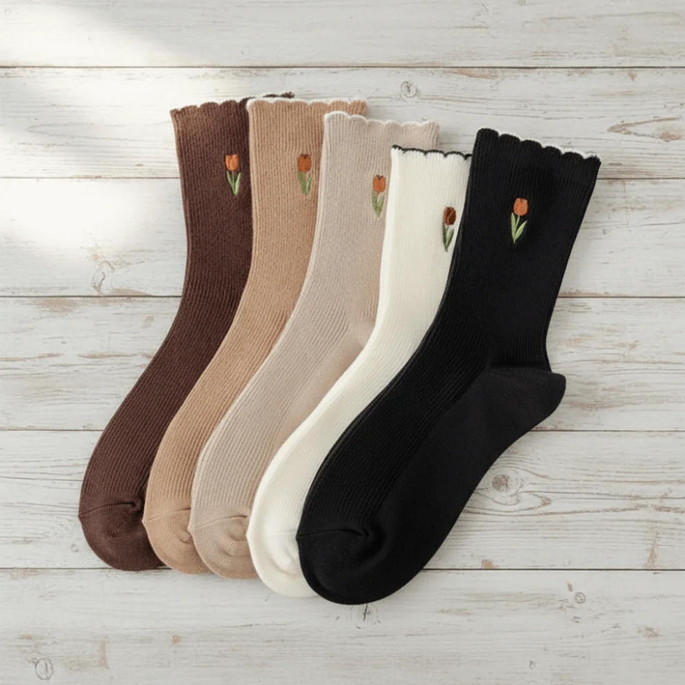 

5pairs New Tulip Floral Embroidery Women Flower Socks Solid Color Crew Length Ruffle Socking Retro Mid Tube Socks Autumn Winter