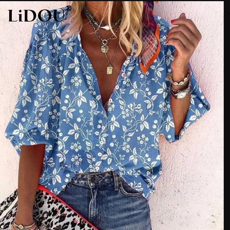 

Summer Fashion Vintage Printing Harajuku Y2K Cardigan Blouse Women Streetwear Loose Casual Top Ladies 3/4 Sleeve Oversized Shirt
