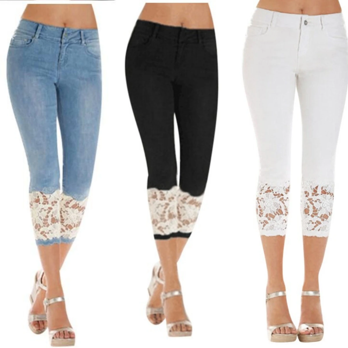 

2023 Summer New Women's Calf-Length Lace Jeans Fashion Slim Stretch Denim Pencil Pants Casual Female Large Size Jeans S-5XL