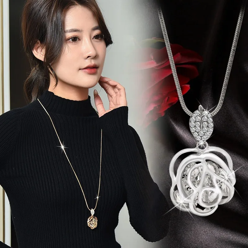 سلسلة سترة وردية طويلة ومتعددة الاستخدامات، قلادة وردية مجوفة للخريف والشتاء، قلادة معلقة على أوراق الشجر