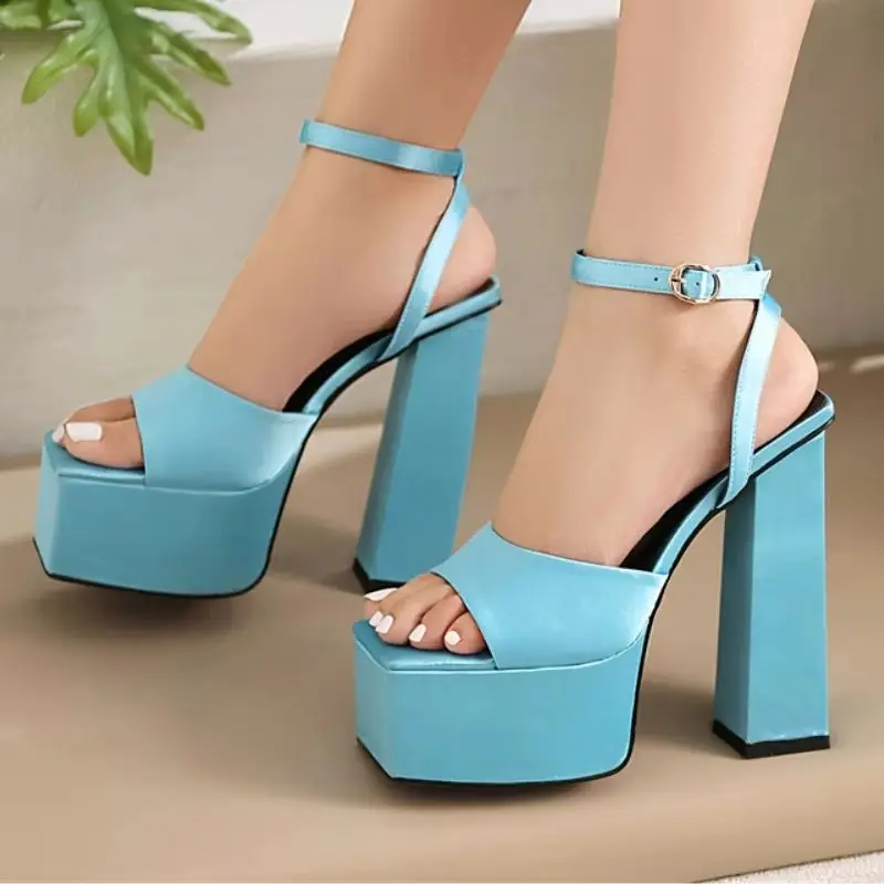 

Women's Sandals Shoes Summer 2025 Platform Block High Heels Ankle Strap Blue White Pink Red Wedding Dance Fetish Shoes Ladies