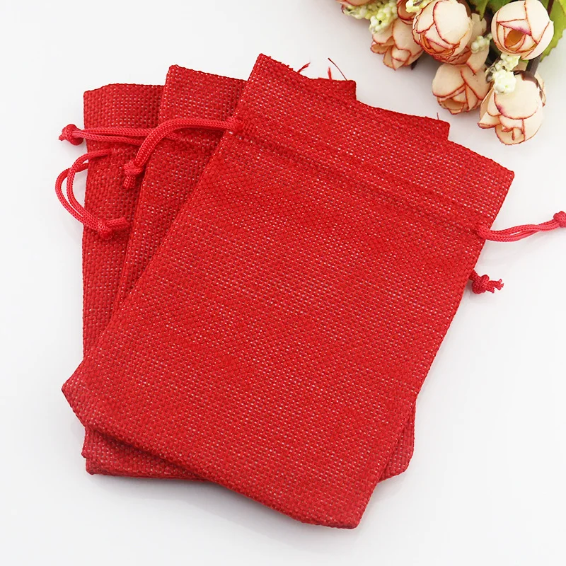 10pcs/Lot 7*9cm Red Khaki Linen bags Fabric Jute Drawstring bags Gift package bags Natural Burlap Bags with Nylon Drawstring