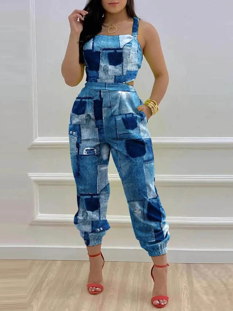 

2023 Summer Femme Streetwear Print Rompers Casual Women Pocket Pencil Pants Jumpsuits Off Shoulder Sleeveless Patchwork Overalls