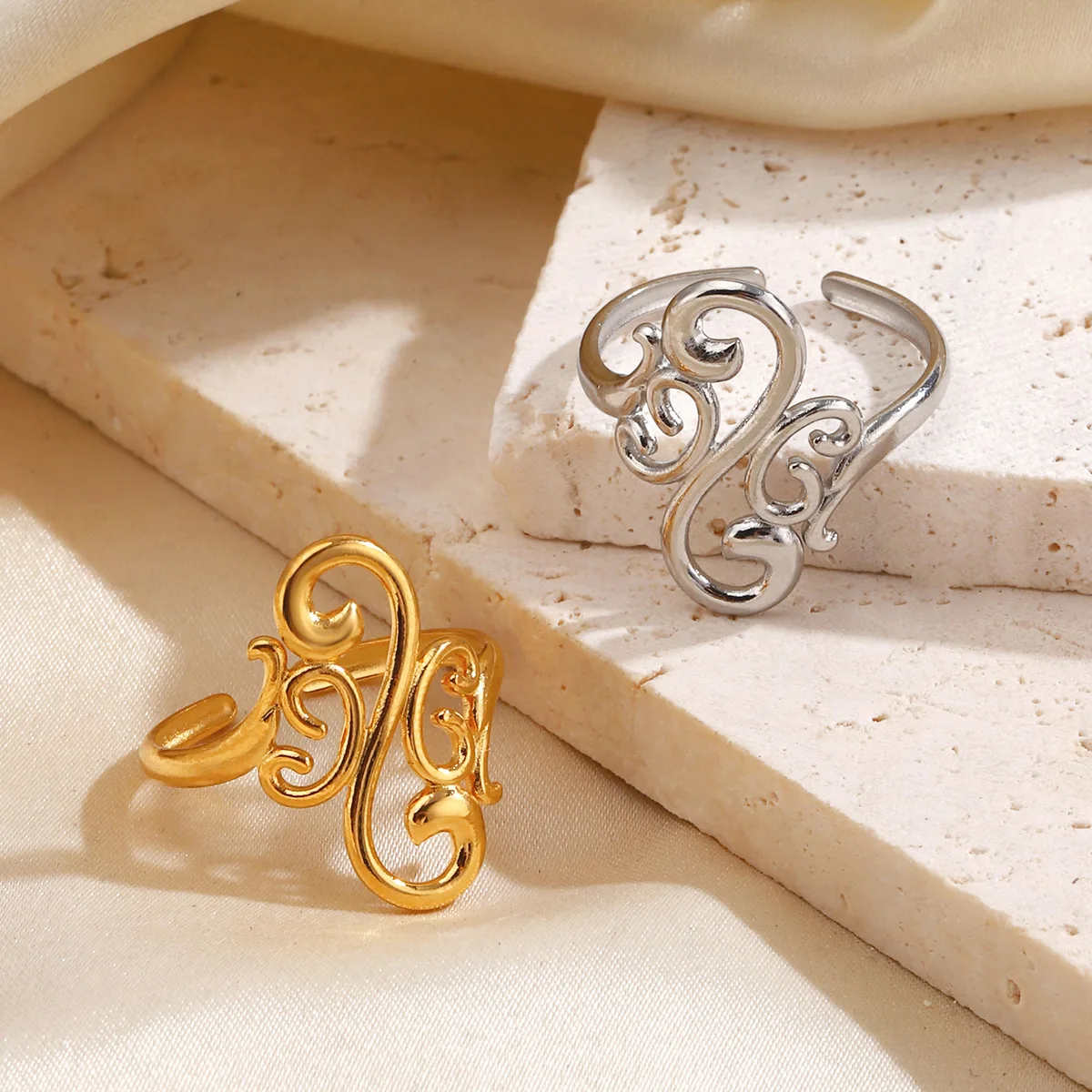 Gold Plated Tribal Geometric Rings Vintage Titanium Steel Adjustable Open Ring For Women Ethnic Pattern Statement Jewelry Gift