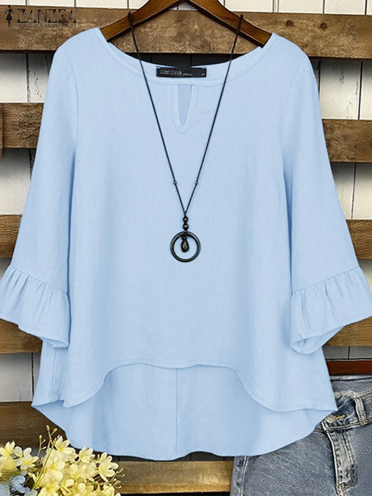 

ZANZEA 2023, осенние повседневные блузки, женские блузки с рюшами и расклешенными рукавами 3/4, с вырезом и круглым вырезом, Blusas Mujer, стильные хлопковые топы с высоким и низким вырезом