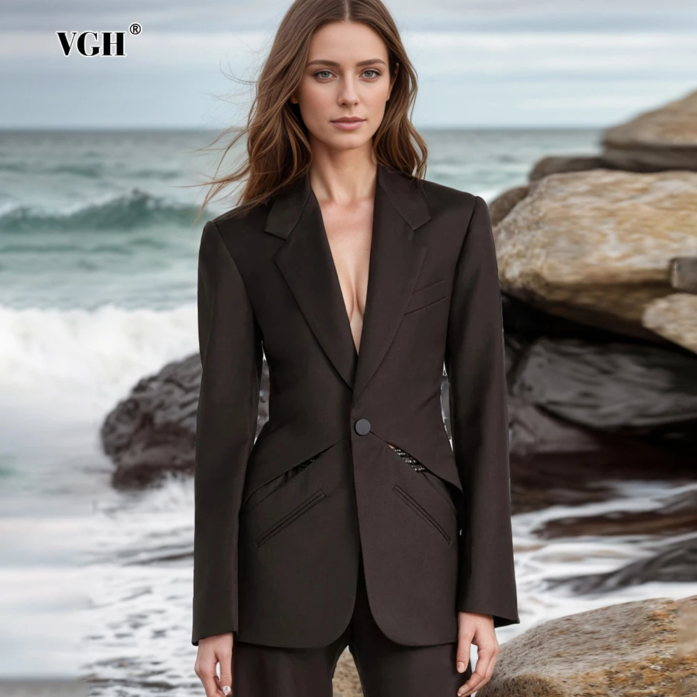 

VGH Hollow Out Slimming Solid Blazers For Women Notched Collar Long Sleeve Spliced Button Temperament Tunic Blazer Female New