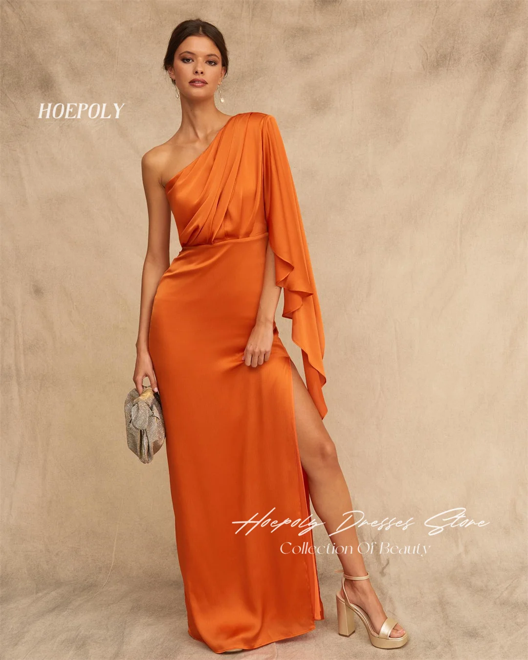 Hoepoly Satin High Slit One-Shoulder Arab Prom Gown Floor-length Saudi Mermaid Orange Formal Evening Party Dress for Women 2023