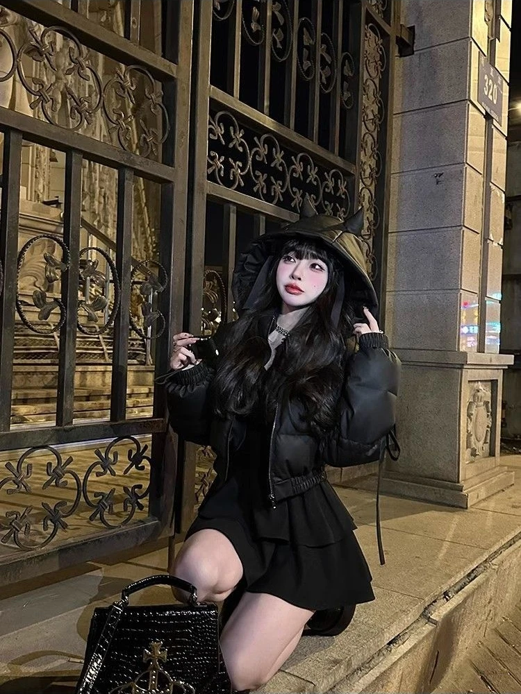 Halloween American style Hot Girl Black Hooded Cotton Jacket Autumn/Winter Harajuku Style Y2K Retro Trendy Women's Tops Emo
