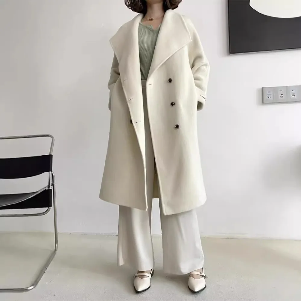 TWOTWINSTYLE Solid Spliced Button Loose Wool Coats for Women Stand Neck Long Sleeve Temperament Casual Coat Female