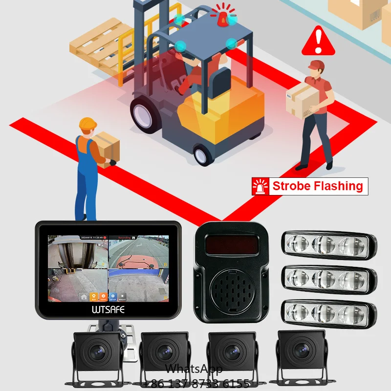 7 Inch AI Blind Spot Detection System 720P Waterproof Touch Screen Front Reverse Backup Camera 120 Degree View Forklift Vehicle