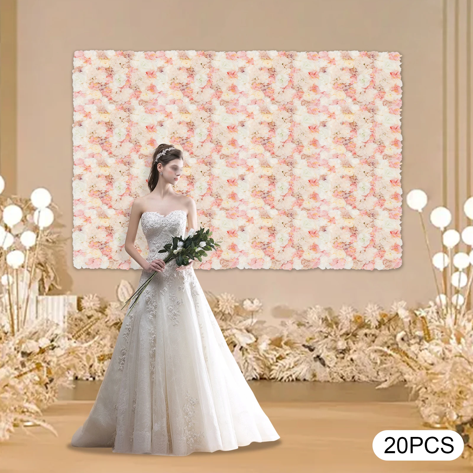 20 Stück Künstliche Blumenwand-Paneele Herbst Dahlie Rose Hortensie Seiden-Blumen-Hintergrund Kunststoff-Gitter Hochzeit Party Wanddekoration 60x40cm pro Stück
