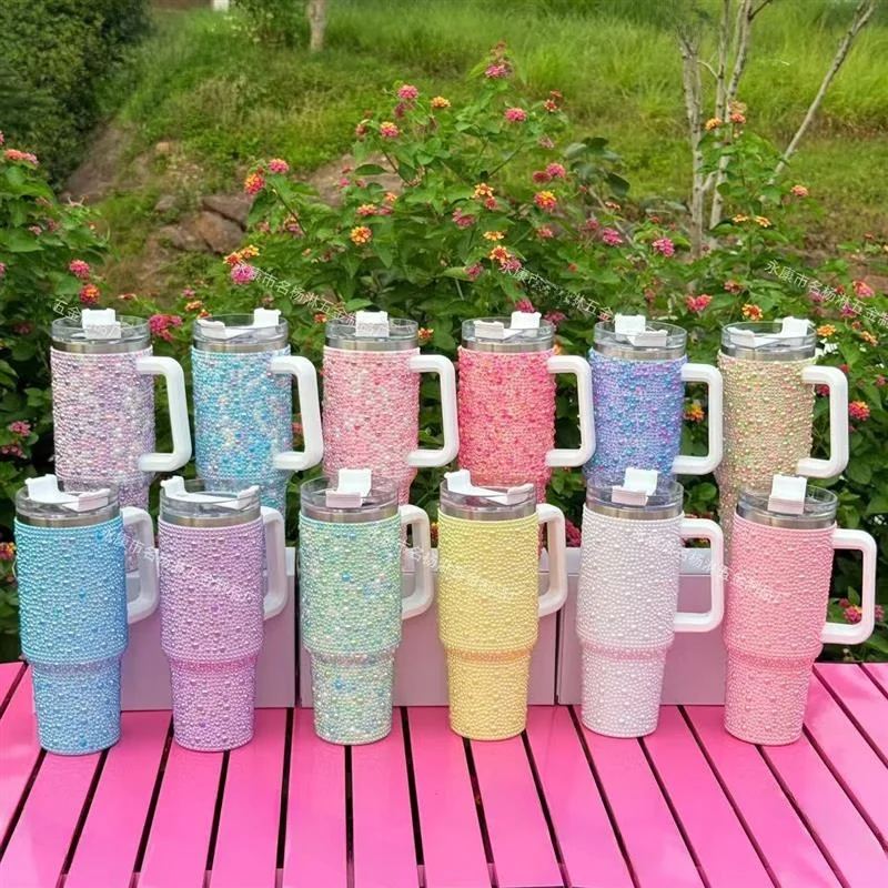 

Портативная изолированная автомобильная чашка из нержавеющей стали с ручкой, жемчужный бриллиант, бутылка для воды на 40 унций для подруги, подарки для бизнеса